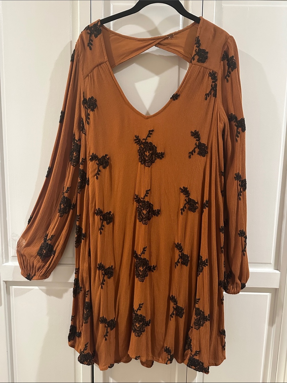 Free People Emma/Austin Rust Floral Embroidered Long Sleeve Swing Dress, 12/14